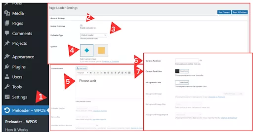 Screenshot of the Preloader For Website plugin settings page, highlighting customization options including Enable/Disable, Preloader Type, Spinner, Custom Content, Content Size, Font Color, and Background Color.