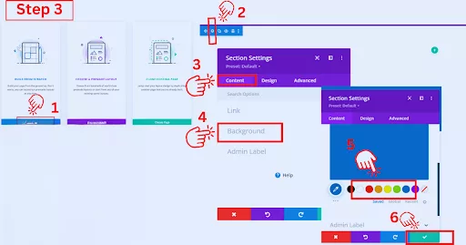 Screenshot of the Divi Theme Builder interface with the settings icon highlighted. The Content section shows the background color selection, and the Design section displays spacing and padding adjustment options.