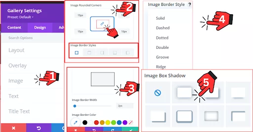 Divi Builder Image section with customization options like rounded corners, border style, border width, border color, and box shadow for enhancing image appearance.
