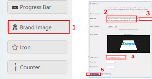 Screenshot displaying the Brand Image settings in the preloader plugin, showing options to upload a brand logo, choose image animation, and adjust image position and margins.