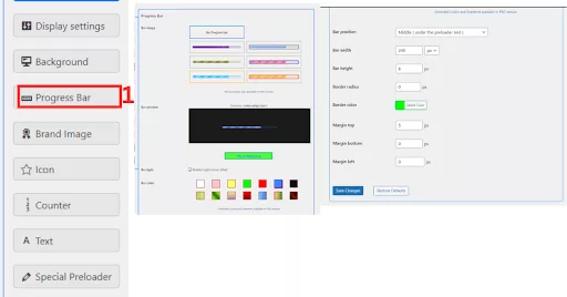 Screenshot showing the Progress Bar settings in the preloader plugin, highlighting options for pre-made designs, color changes, bar position, width, height, border radius, border color, and margins.