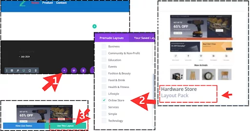 Apply a premade layout for your page by selecting “Premade Layout” from the plus icon menu, choosing a layout like “Hardware Store Layout Pack,” and clicking “Use This Layout” to load it. Save your work and return to the dashboard.