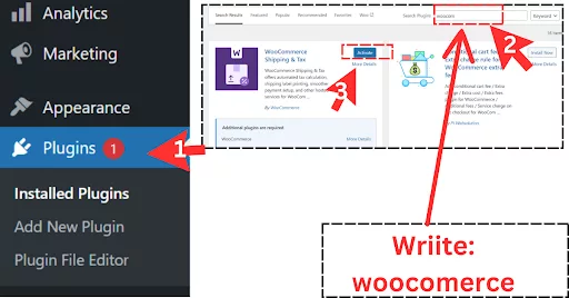 Download and install the WooCommerce plugin by navigating to Plugins > Add New in the WordPress dashboard, searching for “WooCommerce,” and clicking “Install” and “Activate.
