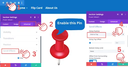 Instructions to enable the Sticky Option in Divi for creating a Shrinking Sticky Header. The process involves accessing row settings, navigating to the Advanced tab, selecting Scroll Effects, and activating Stick to Top under Sticky Position. The settings are saved by clicking the green tick button.