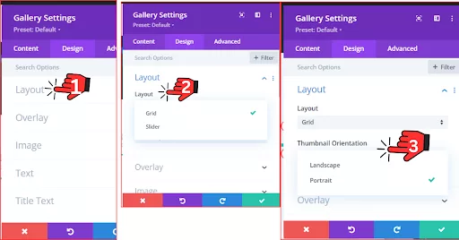 Divi Builder Gallery Design section showing ‘Layout’ options: Grid for side-by-side and stacked images, and Slider for sliding images with navigation. The ‘Thumbnail Orientation’ includes Landscape and Portrait, with Portrait selected for a focused view.