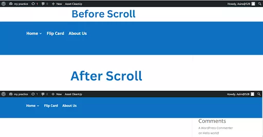 Final result of a shrinking sticky header on a webpage, demonstrating the Header’s ability to decrease in size smoothly as the user scrolls down, maintaining navigation visibility while optimizing screen space for content.
