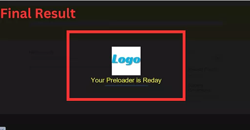 Final results showing a website preloader with custom text and a brand image logo. Includes options for premade icons and various designs provided by the plugin.