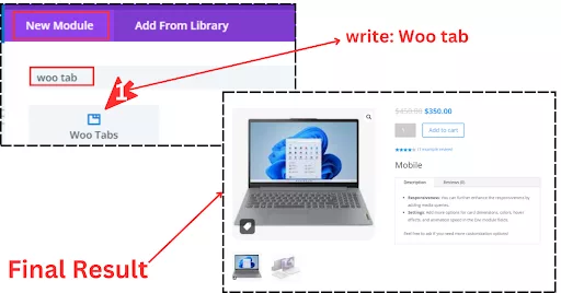 Steps to finalize your WooCommerce product section by adding Woo Tab and Woo Reviews, arranging modules for a clean, appealing layout.