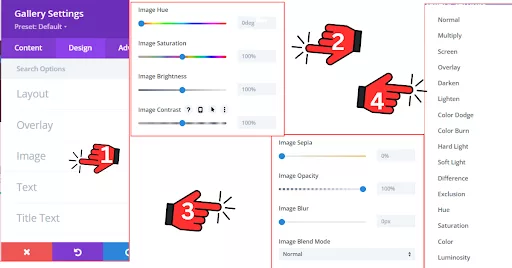 Divi Builder Image section showing settings like hue, saturation, brightness, contrast, invert, sepia, opacity, blur, and blend mode for image customization.