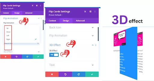 Screenshot showing Flip Animation and 3D settings for a Flip Card in Divi: In the Design section, customize the Flip Card animation with options to animate Up, Down, Left, or Right. Below the animation options, toggle the 3D Effect to Yes to enhance the Flip Card’s appearance.