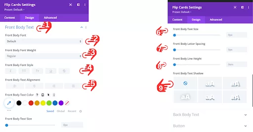 This section explains the Front Body Text settings for the Flip Card. Key options include Text Size, Text Spacing, and Line Height. Ensure the Text Size matches the rest of your website for consistency. Adjust Text Spacing to control the distance between letters, and use Line Height to manage the space between text lines for readability. The Shadow option adds a 3D effect to your text, as discussed earlier