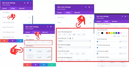 Screenshot showing the Front Title Text settings for a Flip Card in Divi: In the Flip Card settings, adjust the Front Heading Level to choose or change the heading style (e.g., H2, H3). Customize the font style, font weight, and text alignment. Set the Front Title Color and Height, and apply any desired shadow effects. The Back Title settings follow the same steps as the Front Title settings.