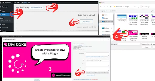 Screenshot showing how to upload a new image to the WordPress Media Library: Click on Media > Library > Add New, then drop the file to upload and select the image. Once uploaded, click on the image to copy and paste the URL.