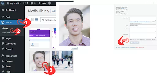 Screenshot showing how to copy an image URL in WordPress: In the WordPress Dashboard, click on Media > Library. Select the desired pre-uploaded image. The image will open, and the URL will be displayed on the right side. Copy the URL from there.
