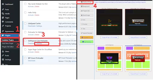 Screenshot showing the WordPress Installed Plugins page with the Safelayout Cute Preloader-CSS3 plugin. The Settings option is highlighted, leading to the Preloader Dashboard where pre-made designs can be selected. The Save button is also highlighted to indicate the final step in configuring the preloader.