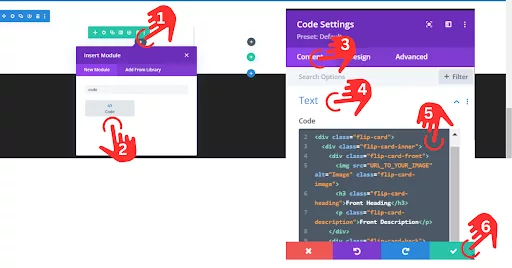Screenshot showing how to copy and paste custom HTML for a flip card in Divi: Open Code settings and go to the Content option. Copy and paste the HTML code into the black text code box.