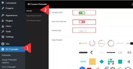 Screenshot showing BH Preloader settings in the WordPress dashboard. Includes options to turn the preloader On or Off, apply it only to the home page, select preloader style, and choose from premade images for the preloader.