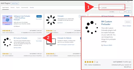 Screenshot showing how to install BH Preloader from the WordPress Plugin repository. Includes steps to search for ‘Preloader,’ select BH Preloader, and install and activate it.