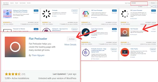 Screenshot showing the Flat Preloader plugin installation process in WordPress, including the search and installation steps. The image highlights the plugin name for easy identification.