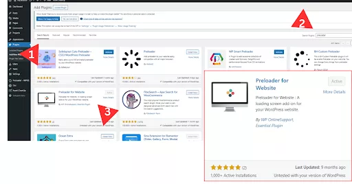Screenshot of the WordPress plugin installation page, showing the process for installing and activating the ‘Preloader For Website’ plugin with a 5-star rating and over 1,000 active installations.