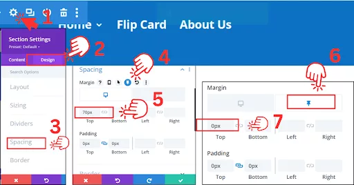 Instructions for making a header sticky on a webpage. The process involves accessing the Row Settings, going to the Design Settings, and selecting Spacing. The image highlights the Margin field with a Pin Icon, where users are guided to set the top margin (e.g., 70px) and the right margin to zero. Additional padding settings for the top, bottom, left, and right are adjusted to zero, ensuring the header remains fixed at the top of the page while scrolling.