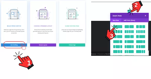 Divi Builder interface showing three modules: Start Building, Browse Layouts, and Choose Page. The image highlights the ‘Start Building’ option for creating a new page from scratch. Additional options under ‘Choose Page’ include Premade Layout, Saved Layout, and Existing Page. A blank page with a plus icon button is visible for adding a single-column row.