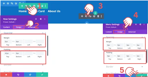 Instructions for creating a stunning layout in Divi by adjusting padding and spacing. The process includes selecting the row, navigating to the Design tab, setting the margin to zero, applying a top padding of 42px, and confirming the settings. The menu settings are also adjusted in the Design section to fine-tune the layout, ensuring perfect alignment of text and modules.