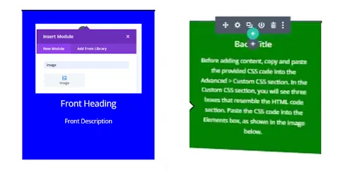 Image showing the flip card in Divi after pasting the image URL: The flip card now displays the image correctly on the front side, demonstrating the effect of adding the image URL to the HTML code.