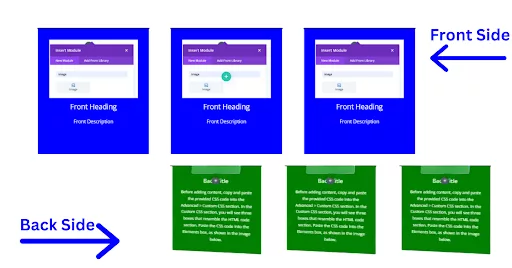 Screenshot showing the result of creating a flip card by adding custom HTML and CSS in Divi: The flip card appears with a simple black and white design, displaying both front and back options without images or content.