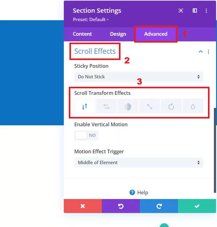 Divi Scroll Effects settings screen showing options for sticky position, transform effects, vertical motion, and motion effect trigger. The interface allows customization of vertical and horizontal motion, scaling, rotation, and blur effects for enhanced website interactivity.