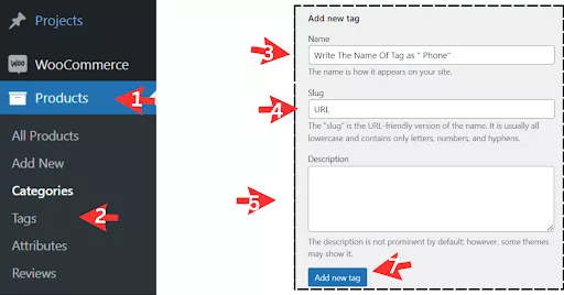 Set up product tags in WooCommerce by entering a name, creating a URL-friendly slug, and adding a description to enhance SEO and organization.