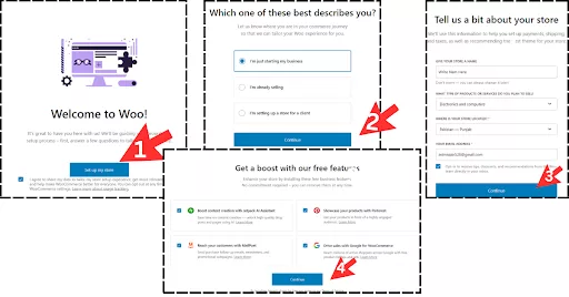 Complete WooCommerce setup by clicking through the Welcome screen, entering business and store information, and installing recommended plugins.