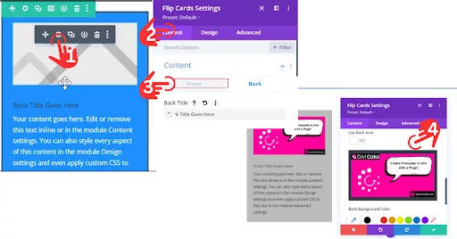 Screenshot showing how to upload an image to a Flip Card in Divi: In the Flip Card settings, select Content, then click on Front. Scroll down to the Image Uploading option and upload the image. Repeat the process for the Back tab to complete the image upload for both sides.