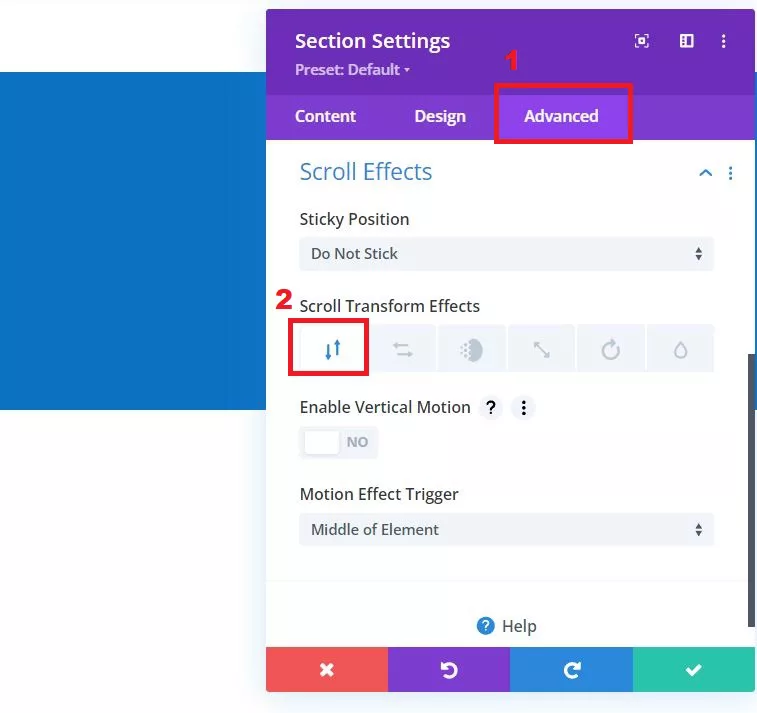 Vertical Motion effect with image moving independently in a vertical direction from the static background in Divi Theme. Default settings applied, adjustable using Set Vertical Motion sliders for precise positioning.