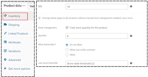 Configure WooCommerce inventory settings by entering stock quantity and a unique SKU for each product. This helps manage inventory and track items effectively.
