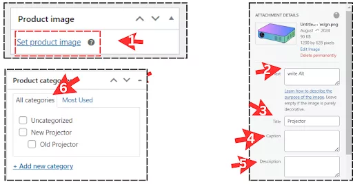 Set up product image and categories in WooCommerce. Upload an image, add descriptive alt text for SEO, write a product title and description, and create relevant product categories.