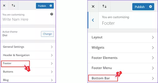 Step to open Footer and Bottom Bar Customization in WordPress Theme Editor.