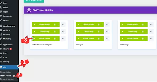 Divi Theme Builder interface showing Global Footer edit option for transforming it into a full-screen footer.