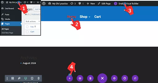 Navigating WordPress to enable Divi Visual Builder and select a page for layout customization.