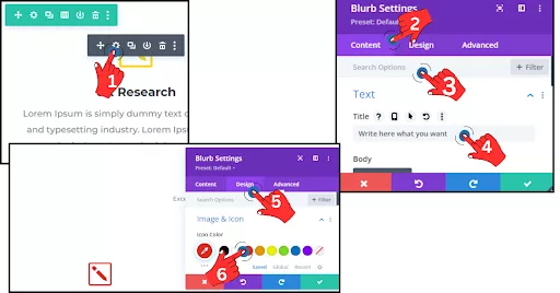 Customizing a Divi module with text and icon adjustments, including selecting a new icon, aligning, and coloring.