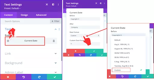 Step-by-step guide to editing footer credits in Divi Page Builder by modifying content and date format settings.