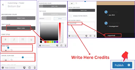 Options for changing text color, font style, social icon size, and editing footer credits in WordPress.