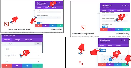 Adjusting icon alignment (Left, Center, Right) and shape options in Divi, including toggling icon visibility.