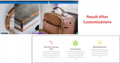 Customized Divi layout with updated images, text, icon color, and shape