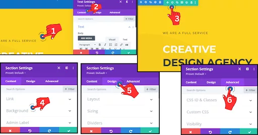 Customizing Divi layout with text settings, background options, and advanced design features.
