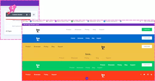 Screenshot showing the Custom Header edit button (pen icon) in Divi’s page builder, with various premade header layout options, highlighting the selection of the Green header layout for customization.