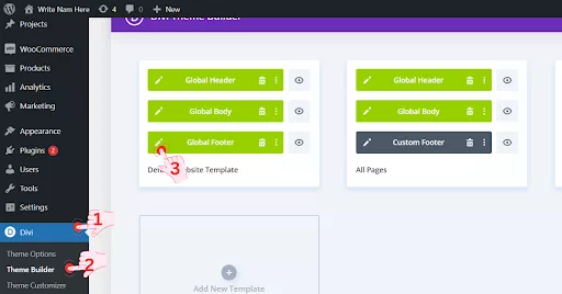 Step-by-step process to edit Divi footer credits using Divi Page Builder, focusing on Global Footer settings.