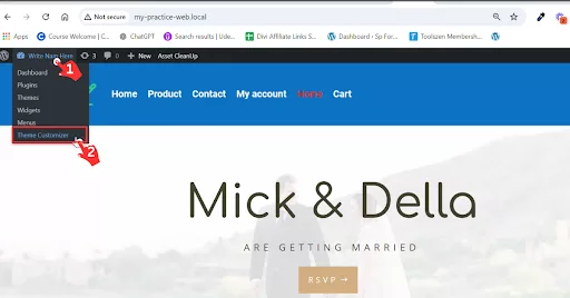 Instructions for accessing Theme Customization in WordPress to edit footer credits.