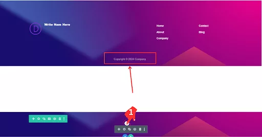 Highlighted footer credits in Divi Page Builder with instructions on how to access the settings for editing.