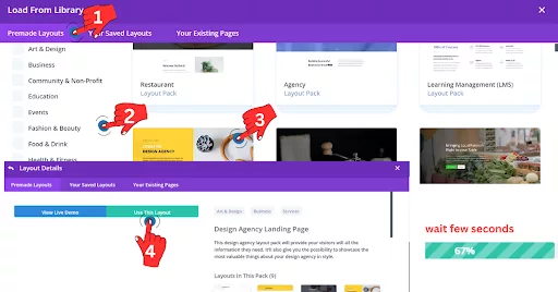 Selecting and downloading a Divi premade layout to customize your WordPress page.